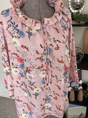 Simply Noelle Pink Floral Ruffle-Neck Blouse
